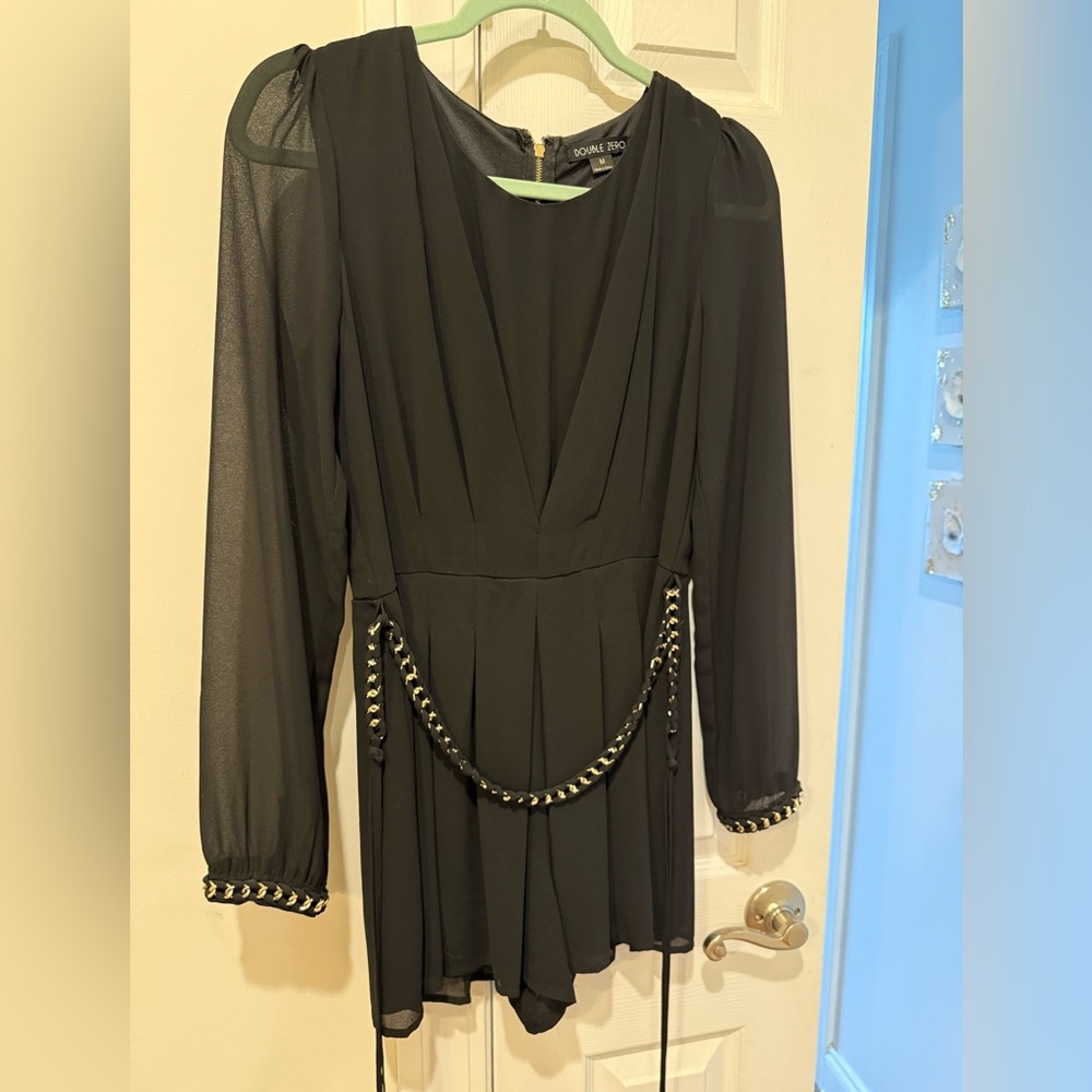 Black Long-Sleeve Chiffon Romper with Chain Trim